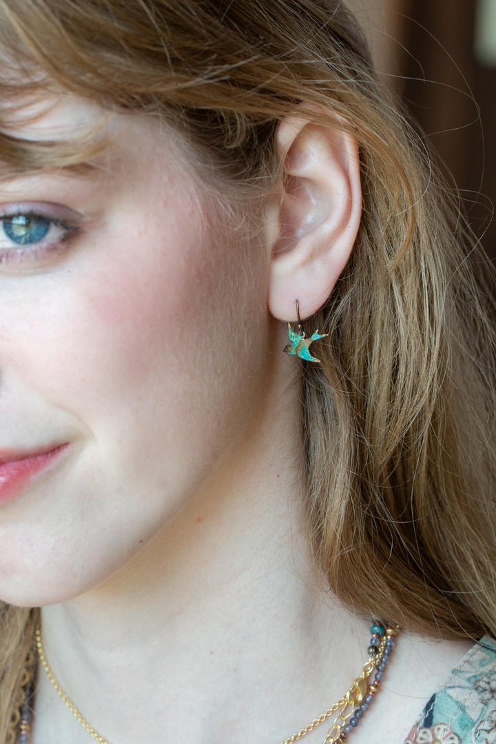 Folklore Sparrow Birds With Patina Dangle Earrings
