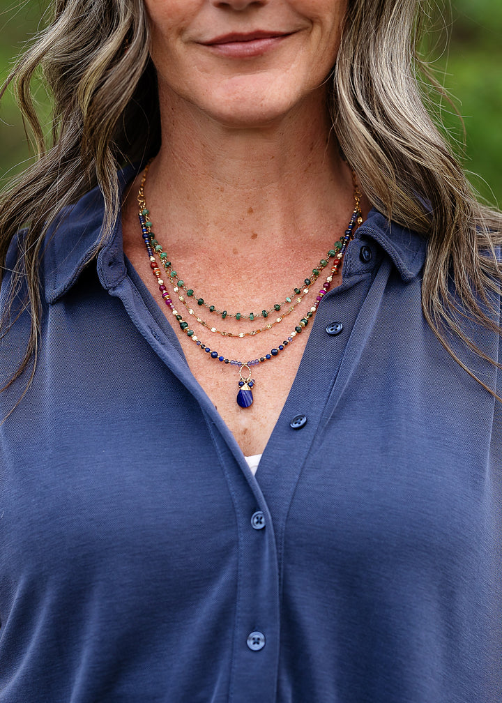 Forget Me Not 19.5-21.5" Emerald, Fuchsia Jade, Red Jasper With Twisted Lapis Lazuli Pendant Multistrand Necklace