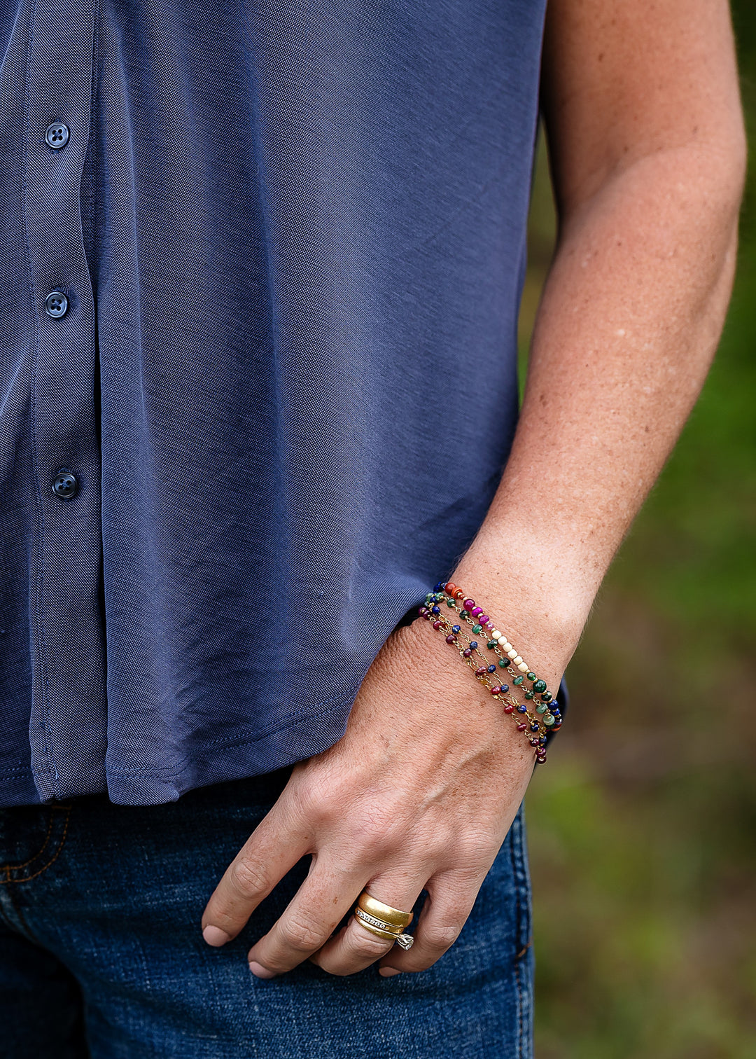 Forget Me Not 7.5-8.5" Red Jasper, Fuchsia Jade, Lapis Lazuli, Emerald, Ruby Multistrand Bracelet