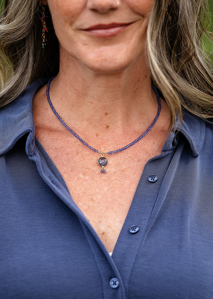 Forget Me Not 15.5-17.5" Faceted Iolite Bezel With Crystal Dangles Simple Necklace