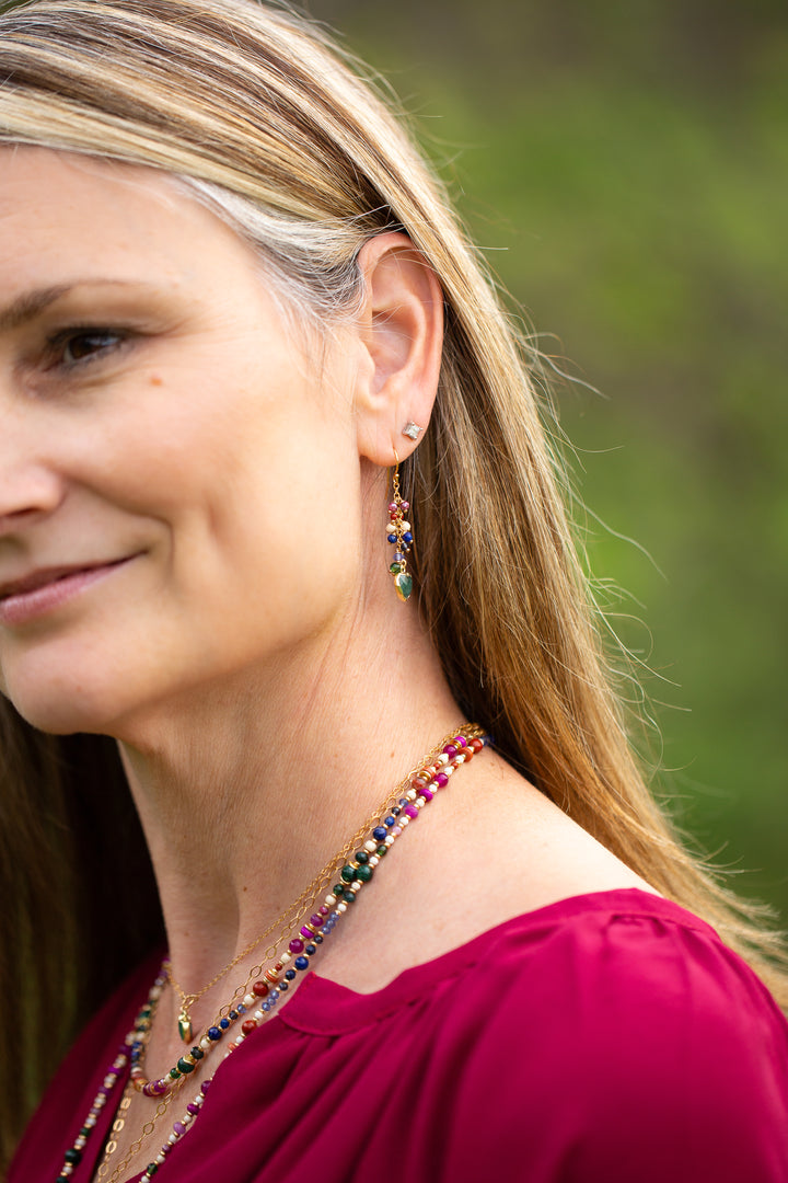 Forget Me Not Ruby, Red Jasper, Lapis Lazuli With Emerald Heart Cluster Earrings