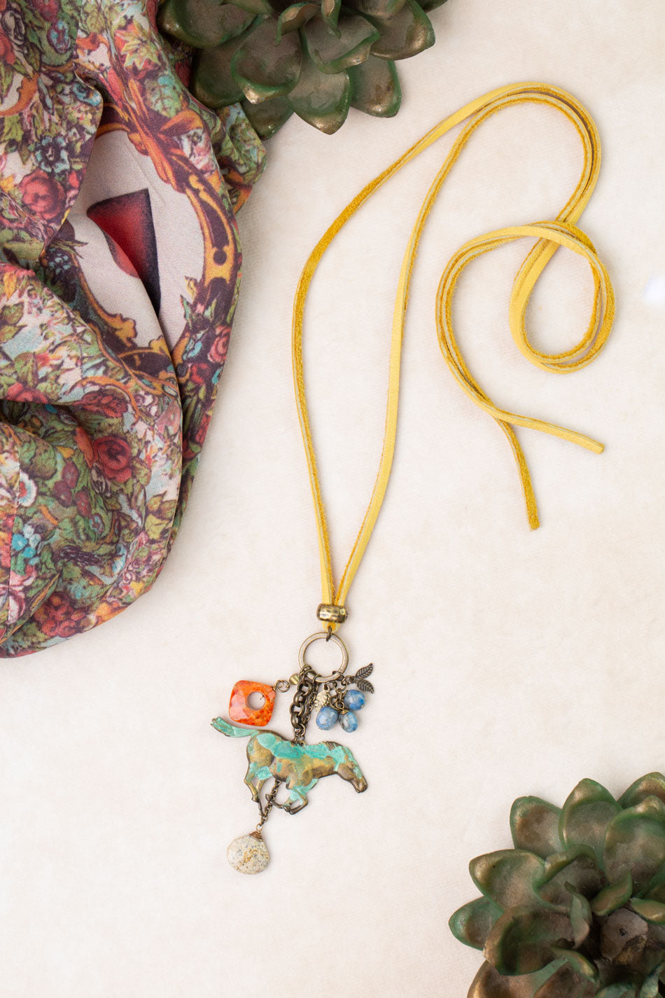Freedom 36" Coral, Sodalite, Jasper, Wild Horse Patina Cluster Necklace