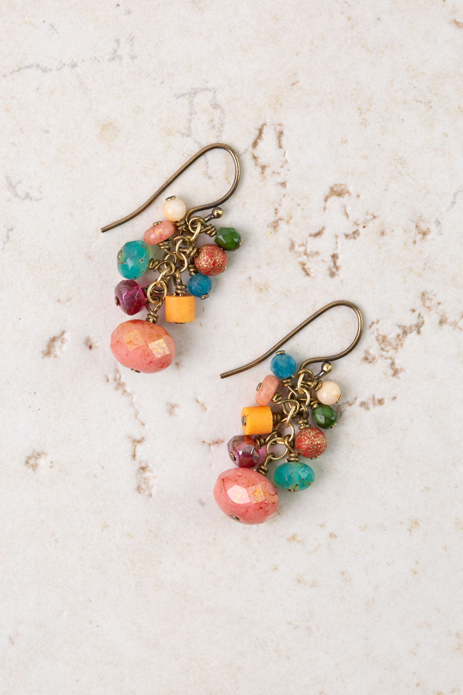 Farmers Market Coral, Sunstone, Czech Glass Cluster Earrings