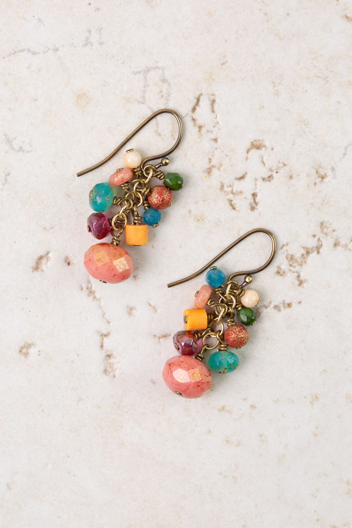 Farmers Market Coral, Sunstone, Czech Glass Cluster Earrings