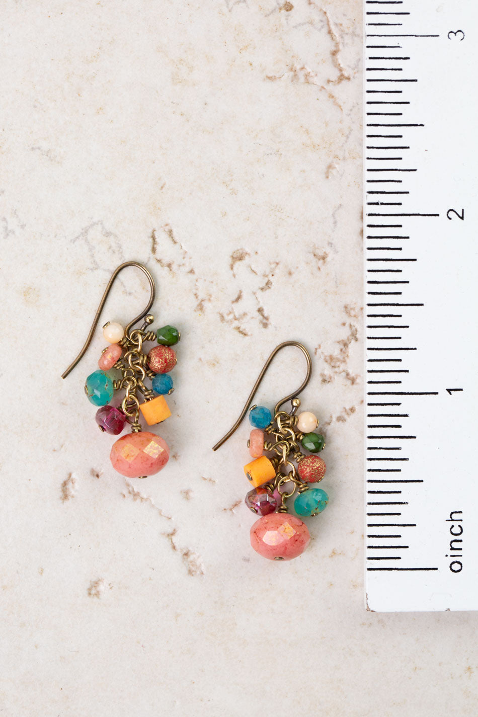 Farmers Market Coral, Sunstone, Czech Glass Cluster Earrings