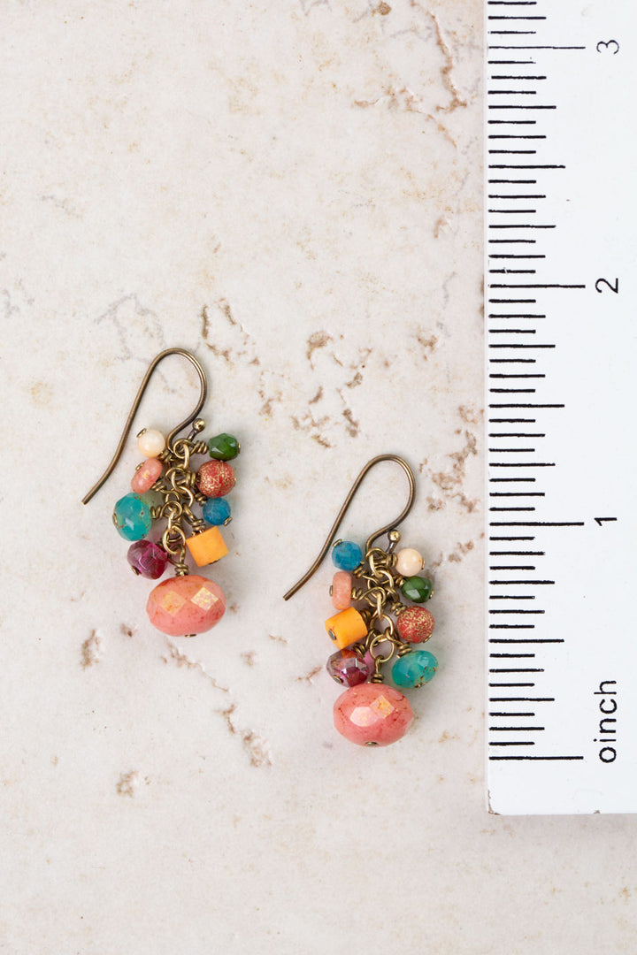 Farmers Market Coral, Sunstone, Czech Glass Cluster Earrings