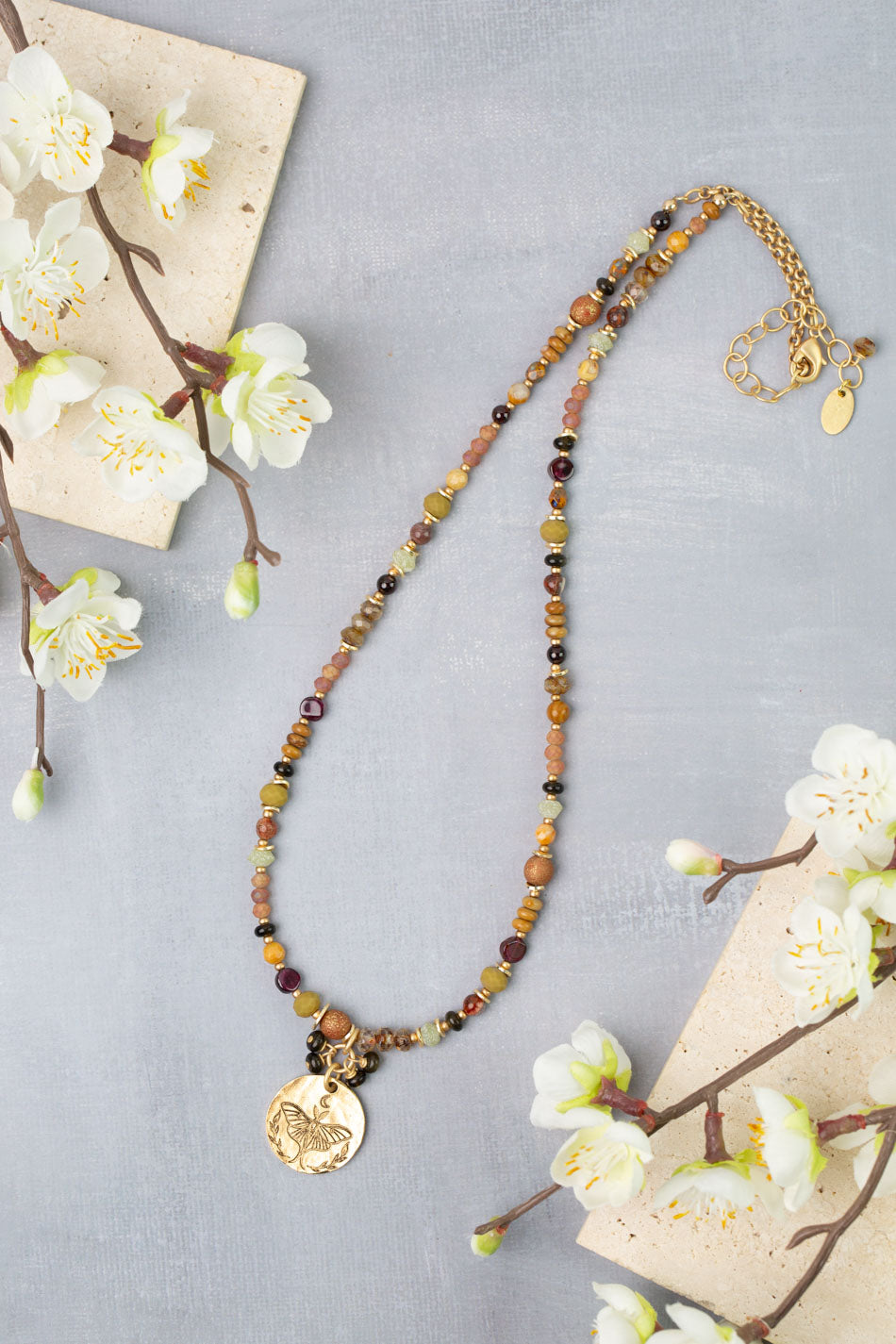 Golden Hour 20-22" Garnet, Rhyolite, Obsidian Collage Necklace