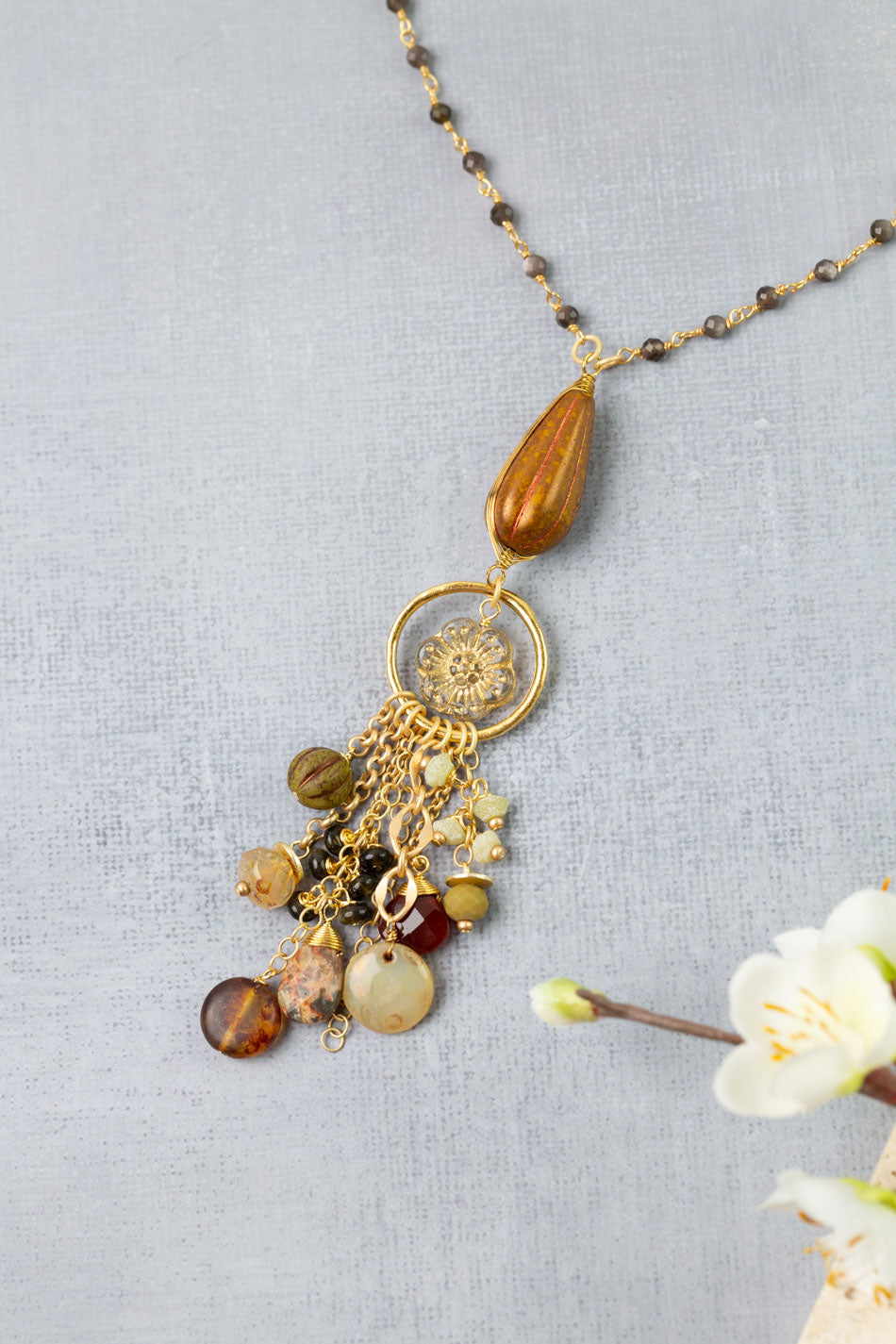 Golden Hour 27-29" Jasper, Moonstone, Carnelian Cluster Necklace