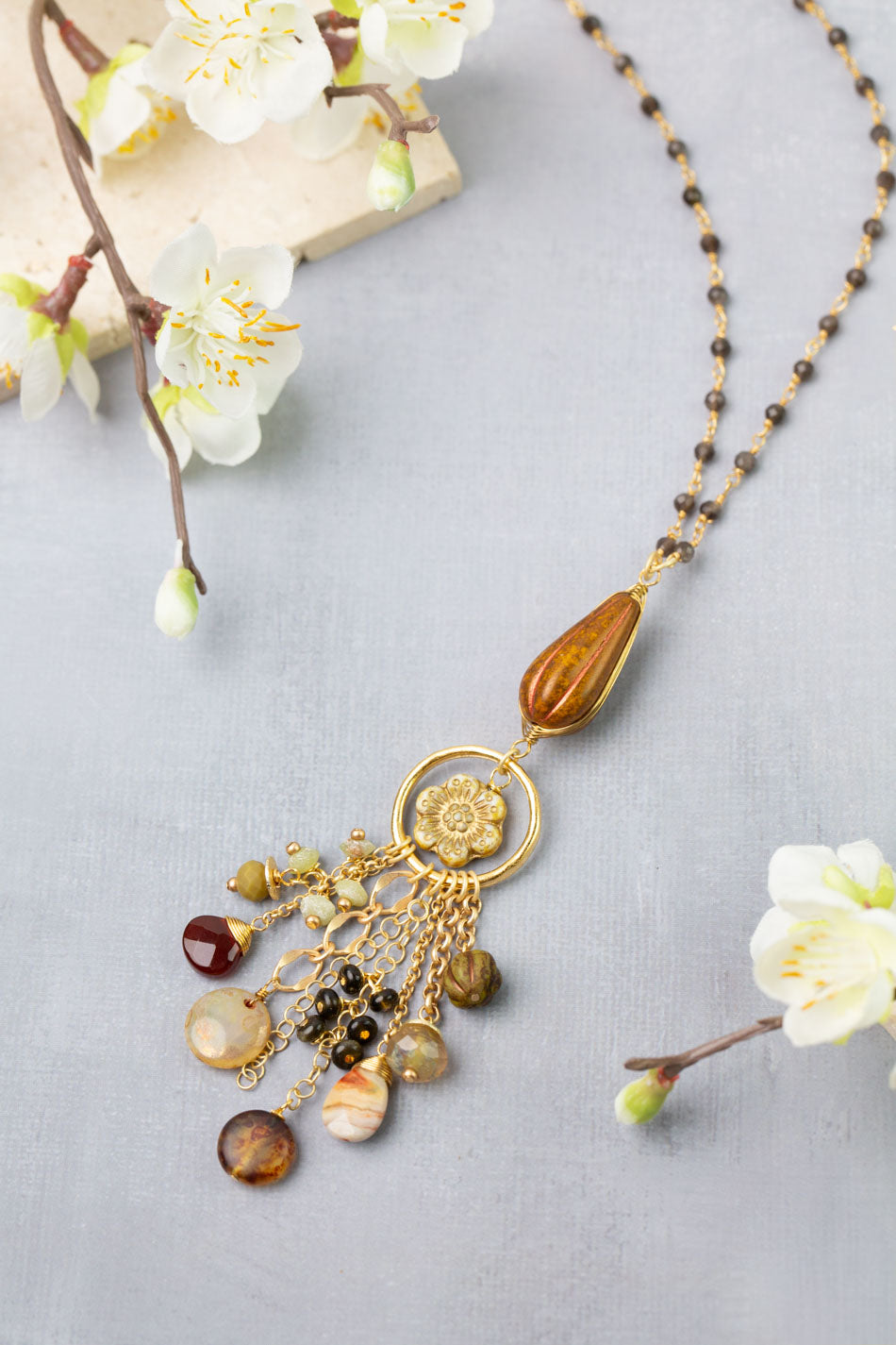Golden Hour 27-29" Jasper, Moonstone, Carnelian Cluster Necklace