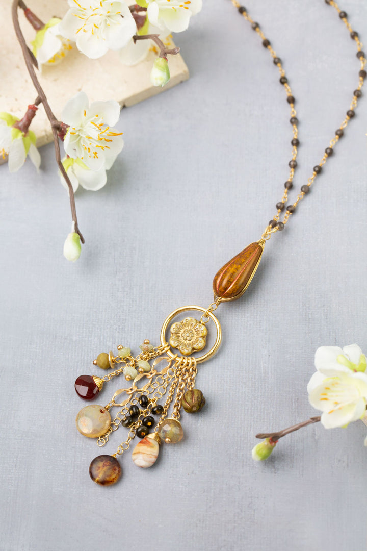 Golden Hour 27-29" Jasper, Moonstone, Carnelian Cluster Necklace