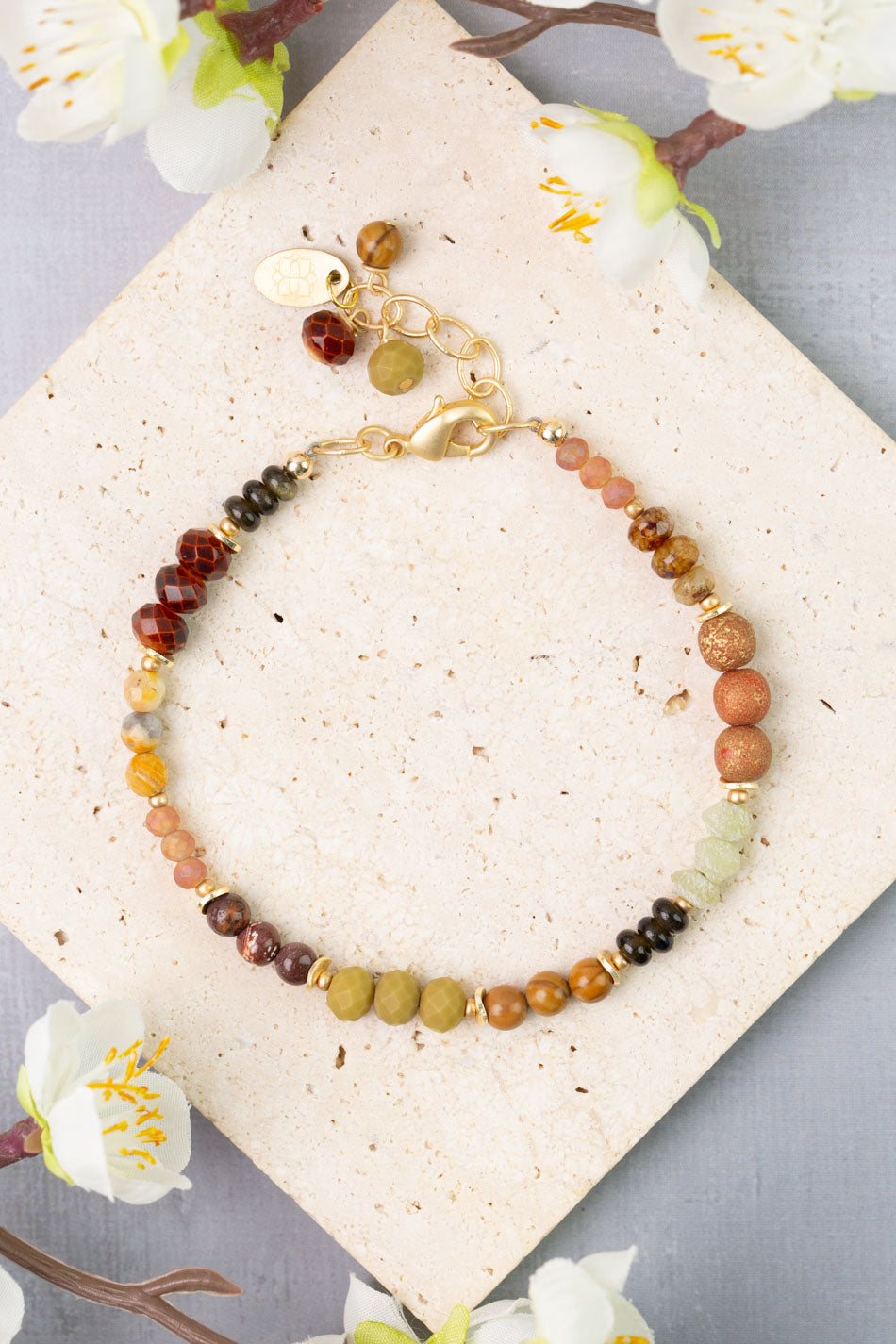 Golden Hour 7.5-8.5" Obsidian, Rhyolite, Jasper Collage Bracelet