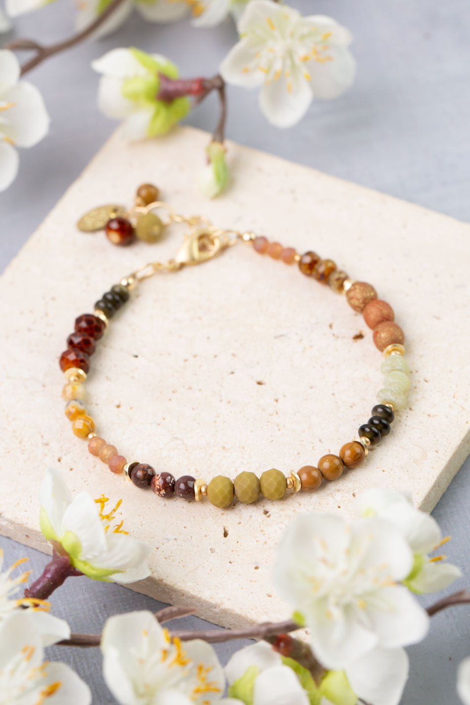 Golden Hour 7.5-8.5" Obsidian, Rhyolite, Jasper Collage Bracelet