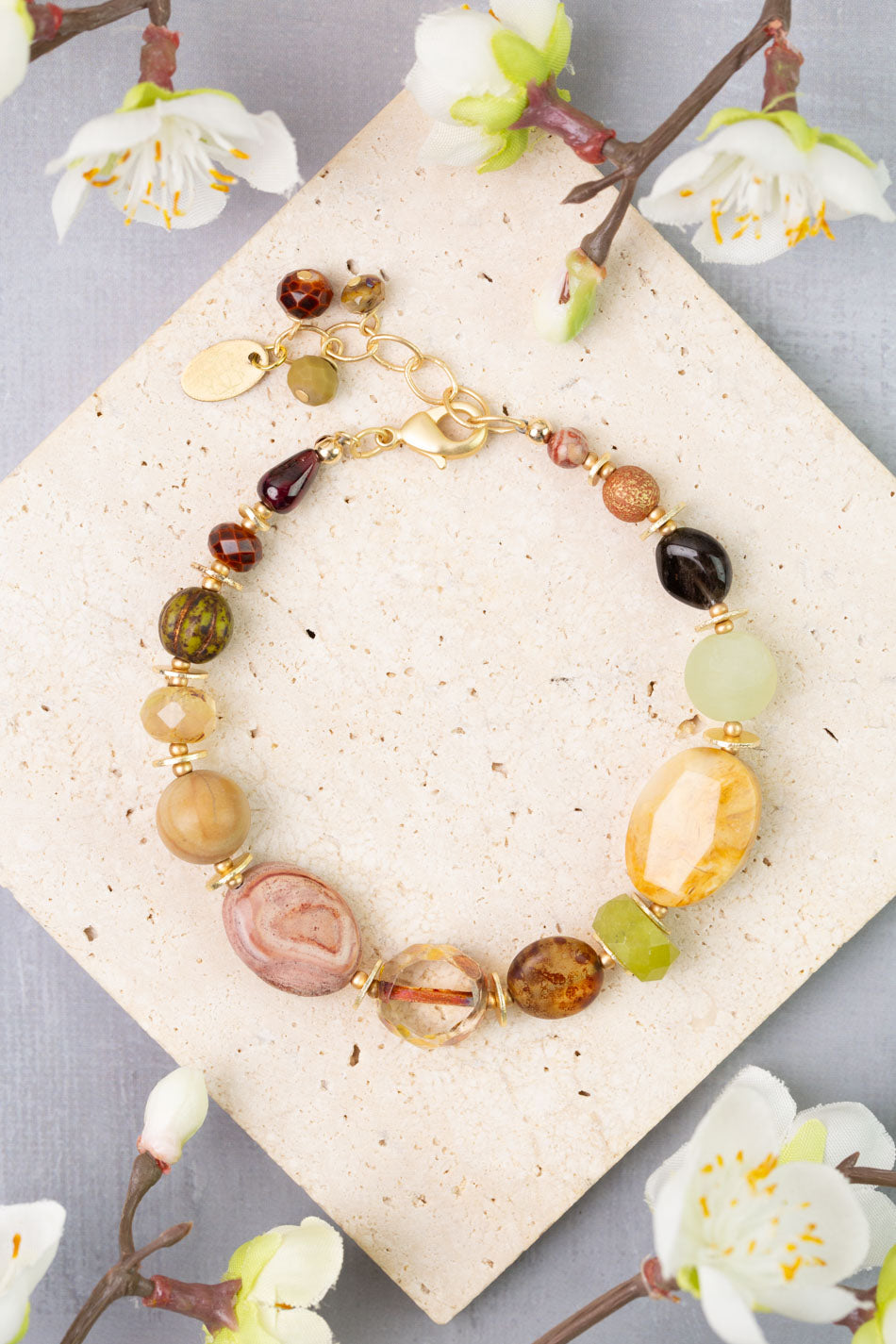 Golden Hour 7.5-8.5" Jade, Rhyolite, Jasper Simple Bracelet