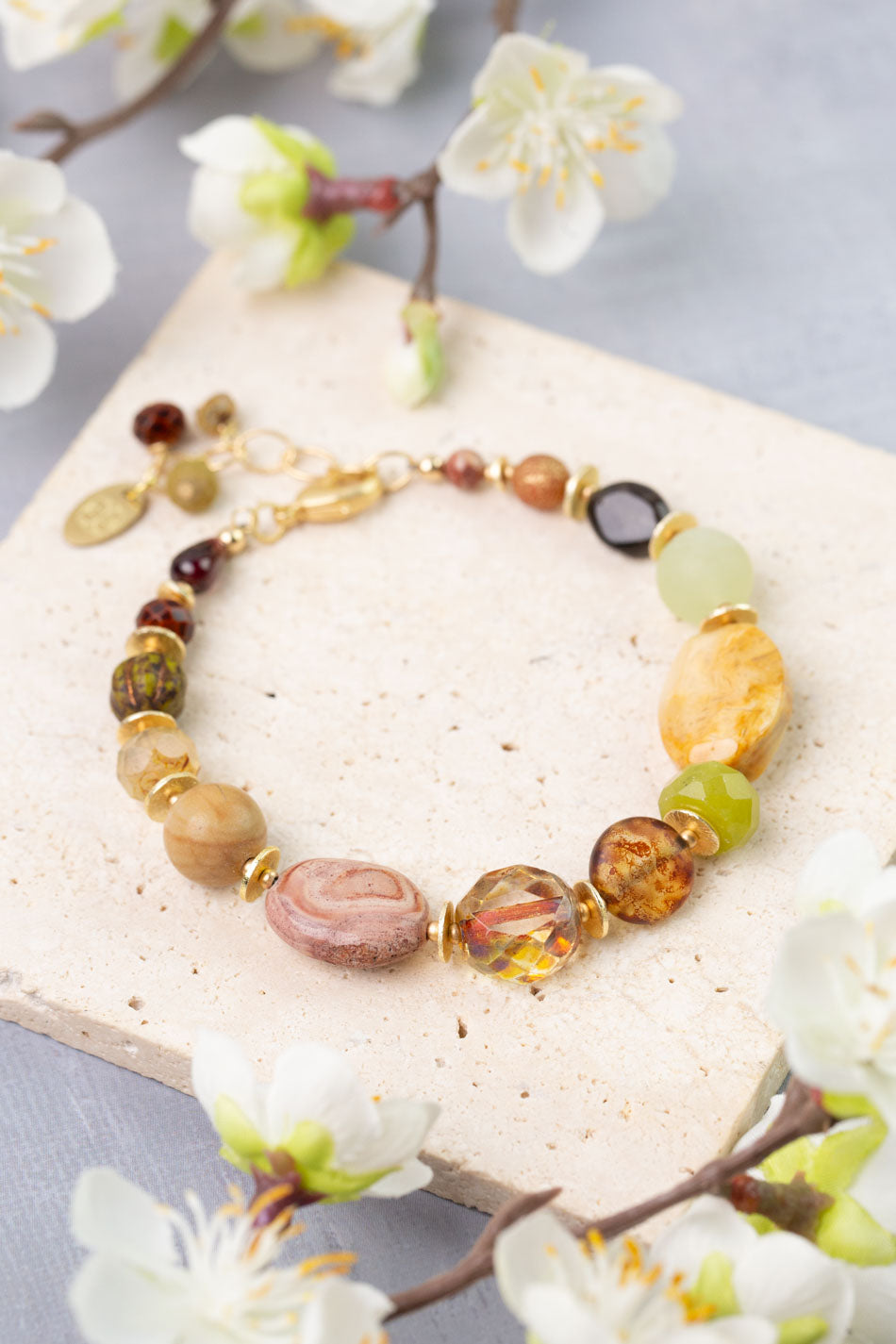 Golden Hour 7.5-8.5" Jade, Rhyolite, Jasper Simple Bracelet