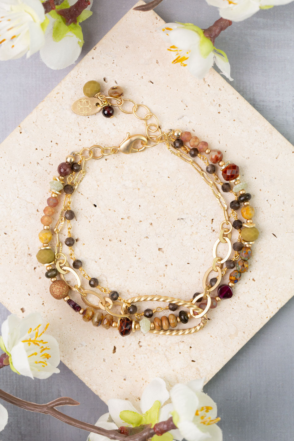 Golden Hour 7.5-8.5" Garnet, Moonstone, Jasper Multistrand Bracelet