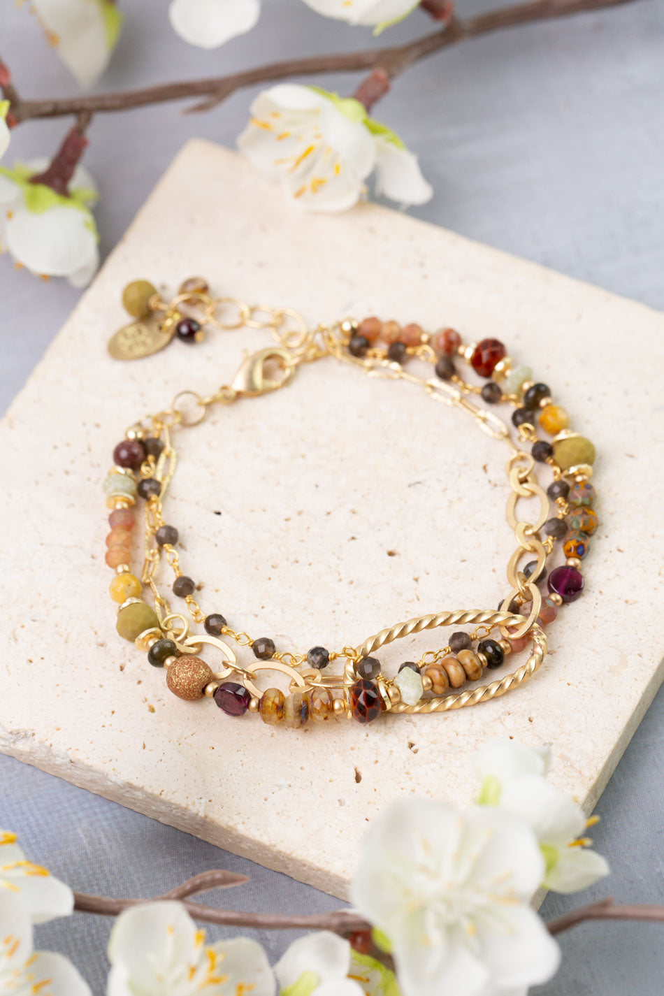 Golden Hour 7.5-8.5" Garnet, Moonstone, Jasper Multistrand Bracelet