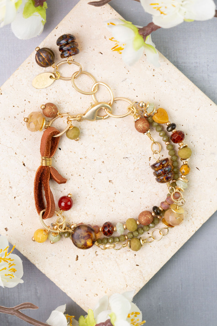 Golden Hour 7.5-8.5" Czech Glass, Yellow Jade, Obsidian Multistrand Bracelet