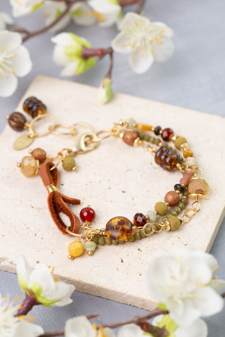 Golden Hour 7.5-8.5" Czech Glass, Yellow Jade, Obsidian Multistrand Bracelet
