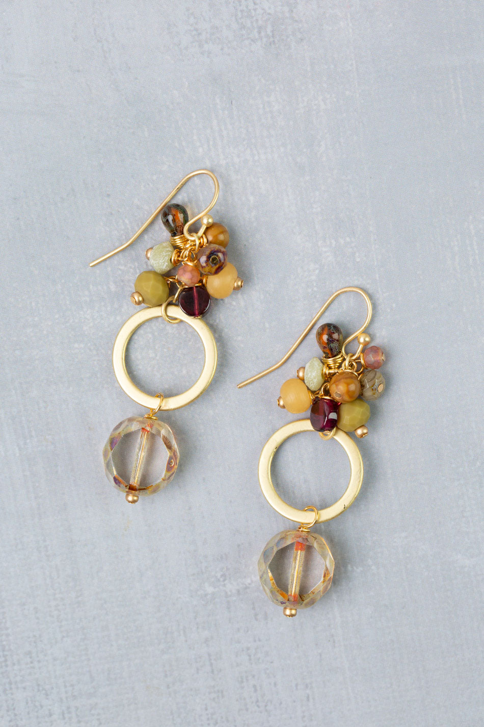 Golden Hour Garnet, Czech Glass, Jasper Cluster Earrings