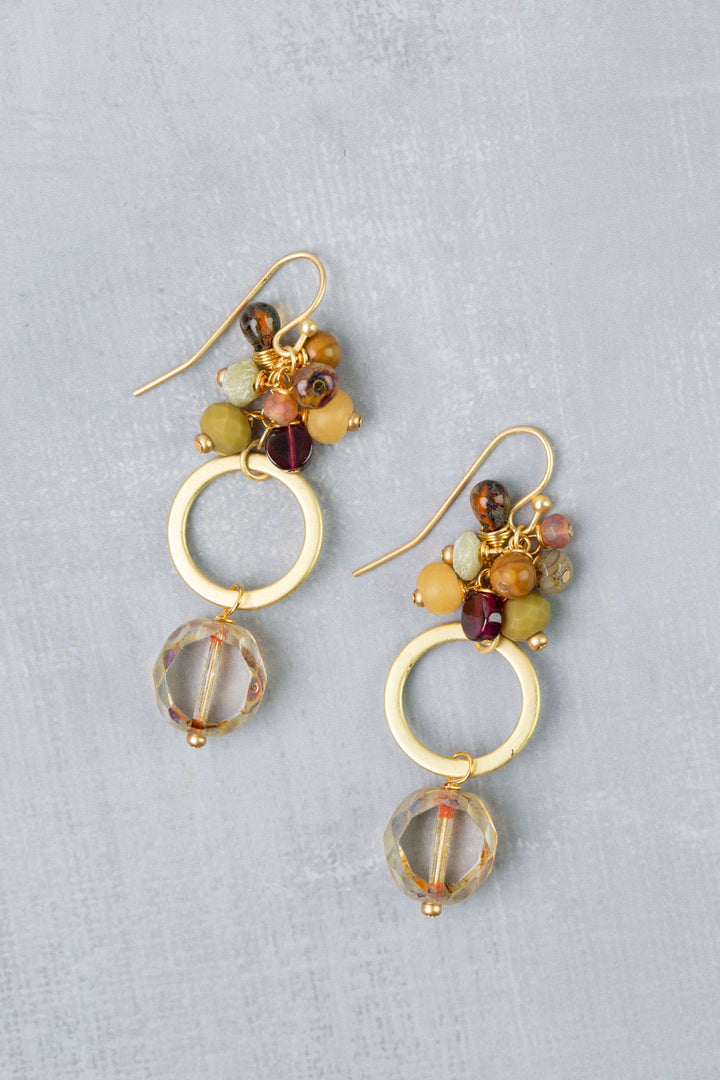 Golden Hour Garnet, Czech Glass, Jasper Cluster Earrings