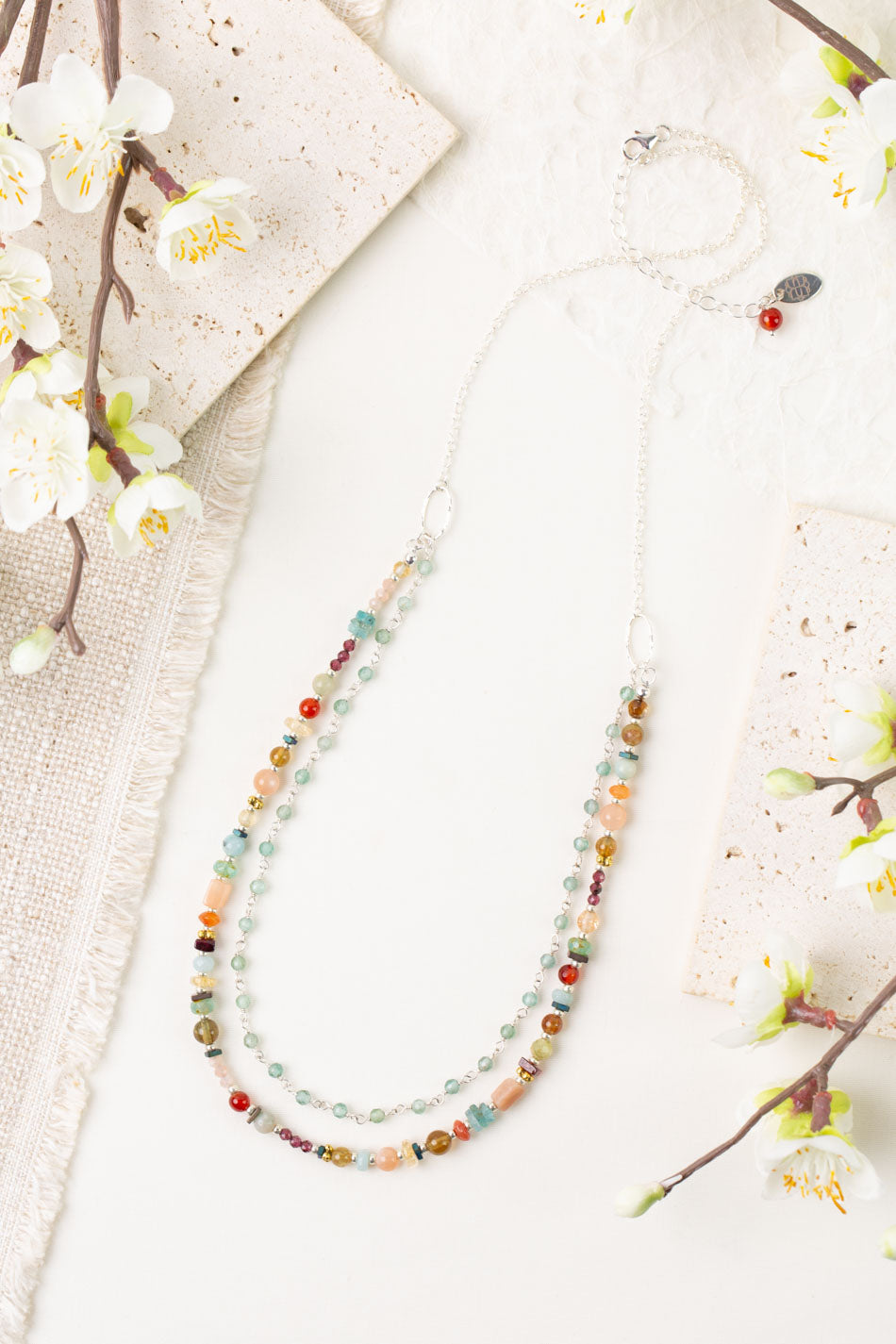 Gentle Breeze 22-24" Peach Moonstone, Carnelian, Apatite Multistrand Necklace
