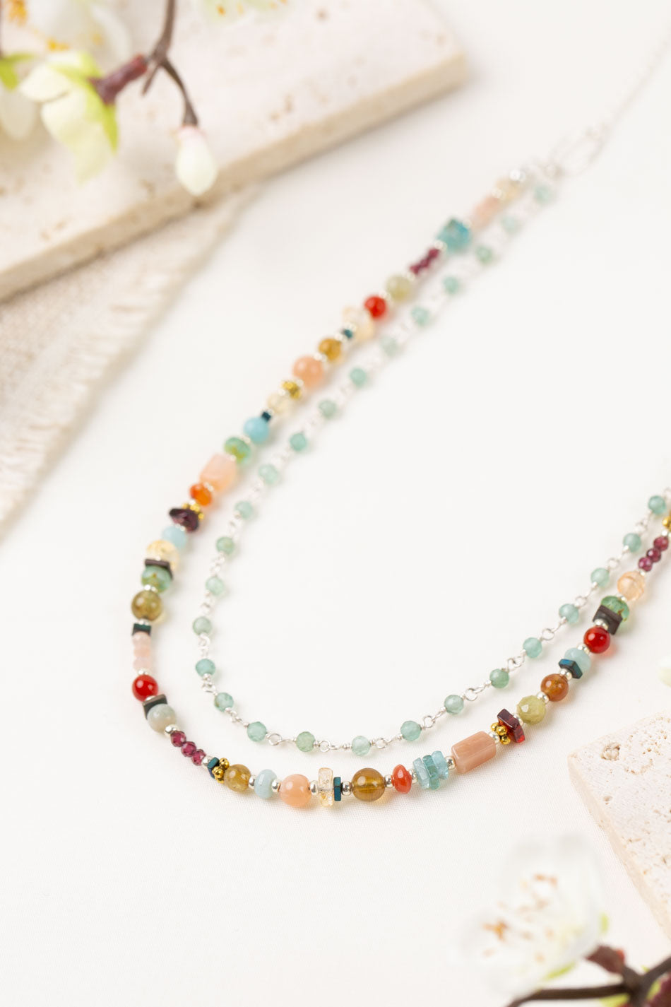 Gentle Breeze 21-23" Peach Moonstone, Citrine, Apatite Multistrand Necklace