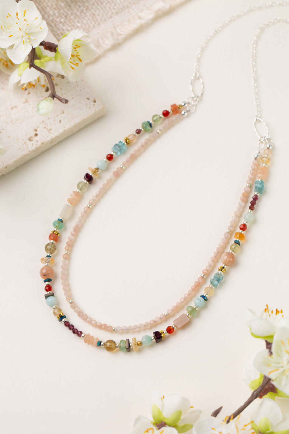 Gentle Breeze 22-24" Peach Moonstone, Carnelian, Apatite Multistrand Necklace