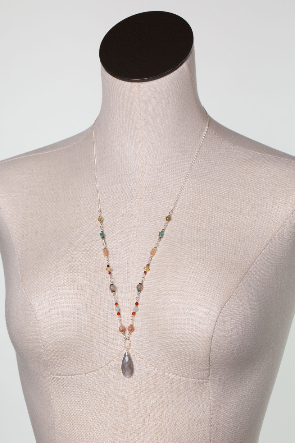 Gentle Breeze 26.5-28.5" Grey Moonstone, Carnelian, Peach Moonstone Statement Necklace