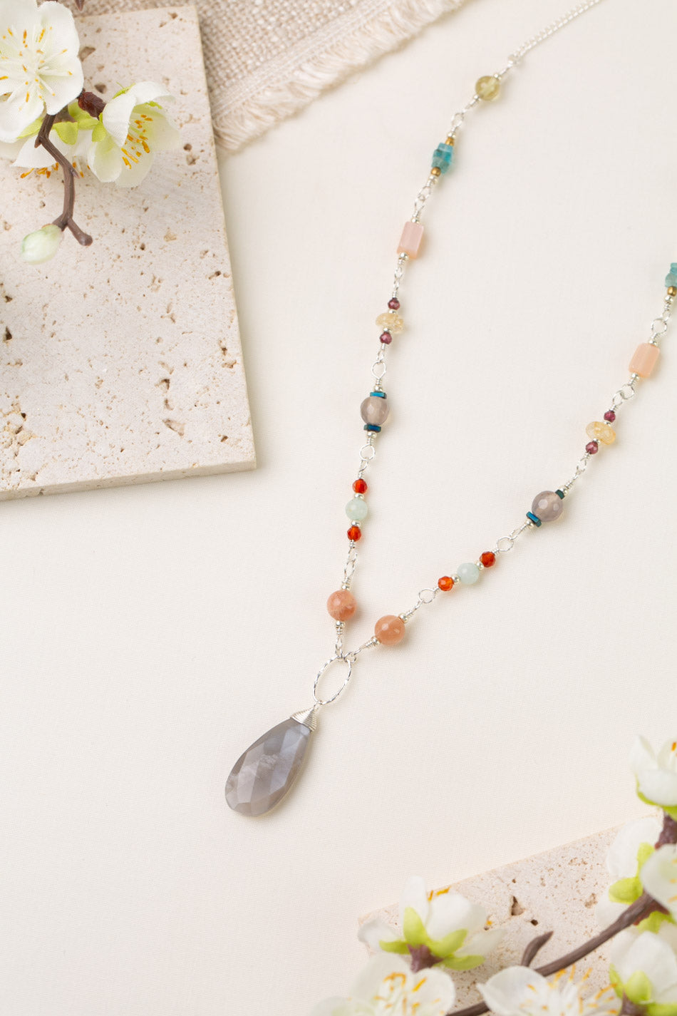 Gentle Breeze 26.5-28.5" Grey Moonstone, Carnelian, Peach Moonstone Statement Necklace