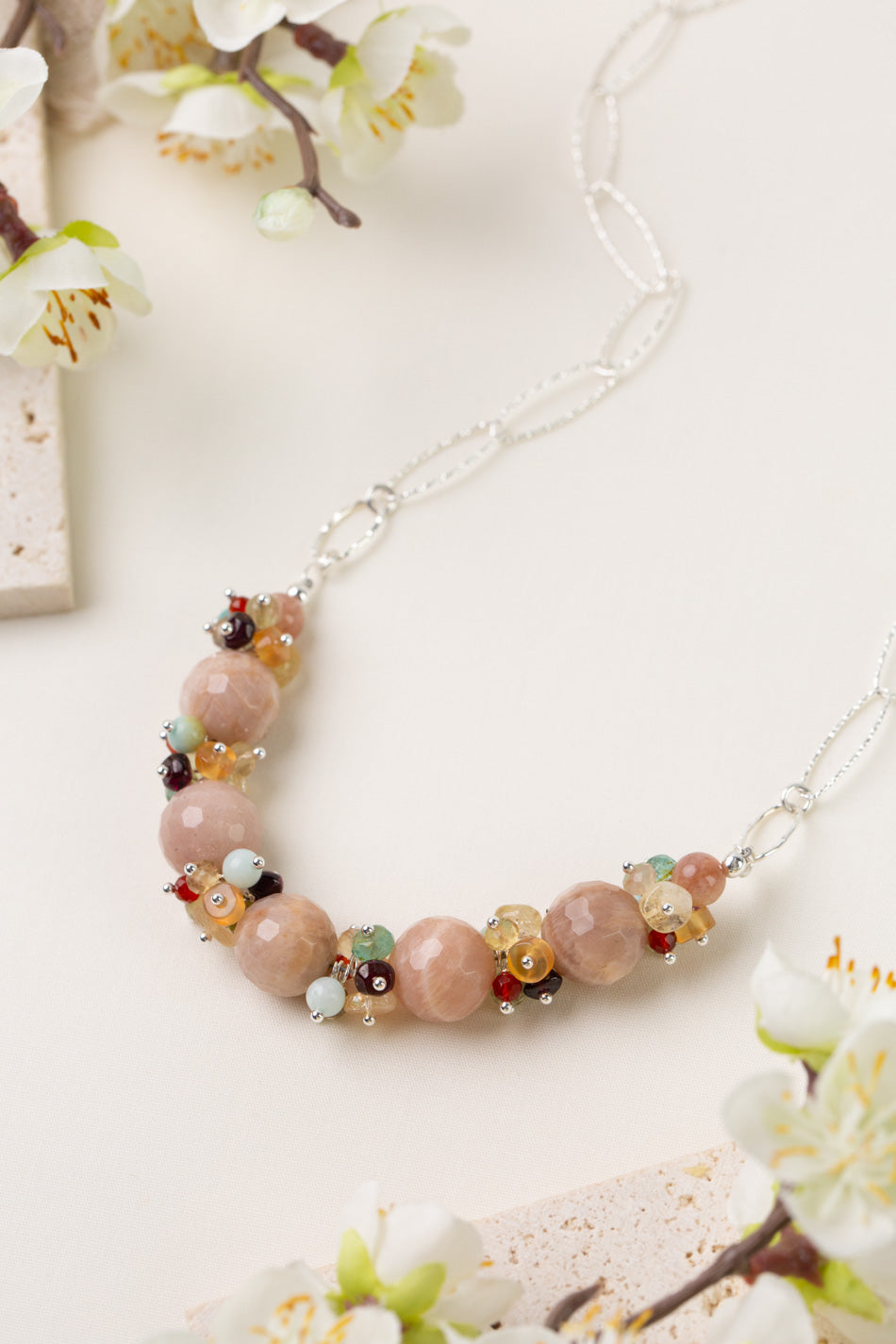 Gentle Breeze 18-20" Peach Moonstone, Carnelian, Apatite Cluster Necklace