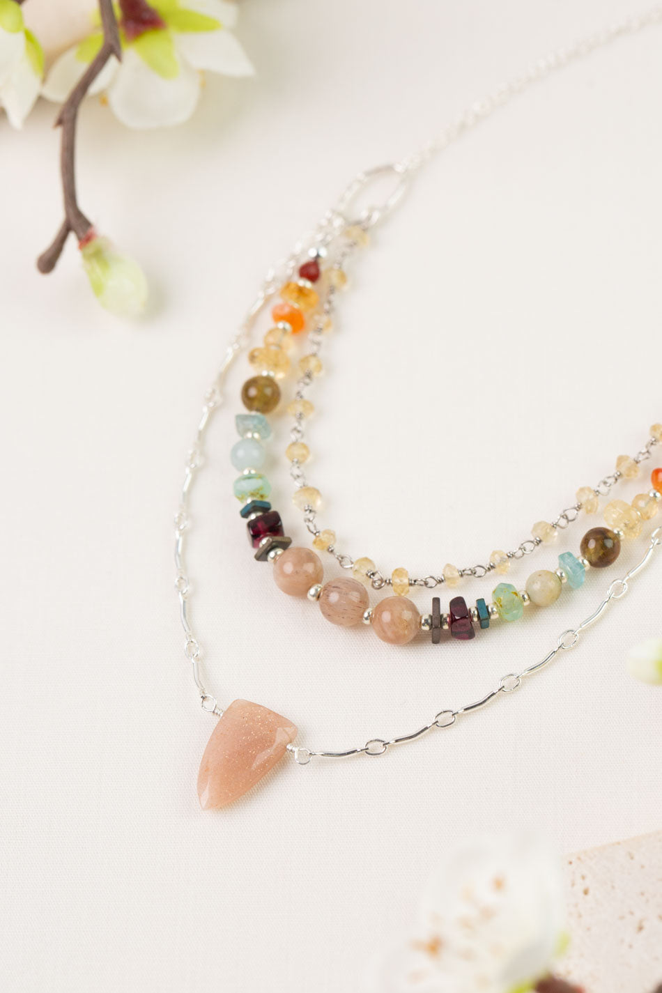 Gentle Breeze 21-23" Peach Moonstone, Carnelian, Apatite Multistrand Necklace