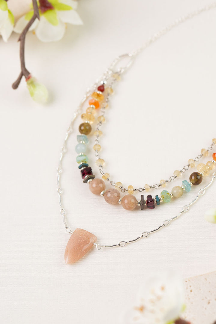Gentle Breeze 21-23" Peach Moonstone, Carnelian, Apatite Multistrand Necklace