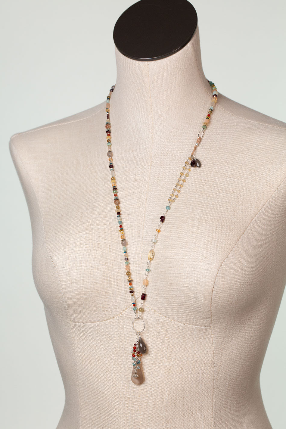 Gentle Breeze 31-33" Peach Moonstone, Carnelian, Apatite Collage Necklace