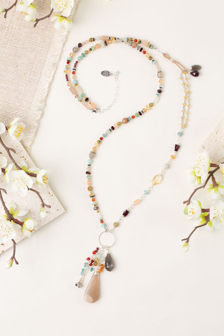 Gentle Breeze 31-33" Peach Moonstone, Carnelian, Apatite Collage Necklace