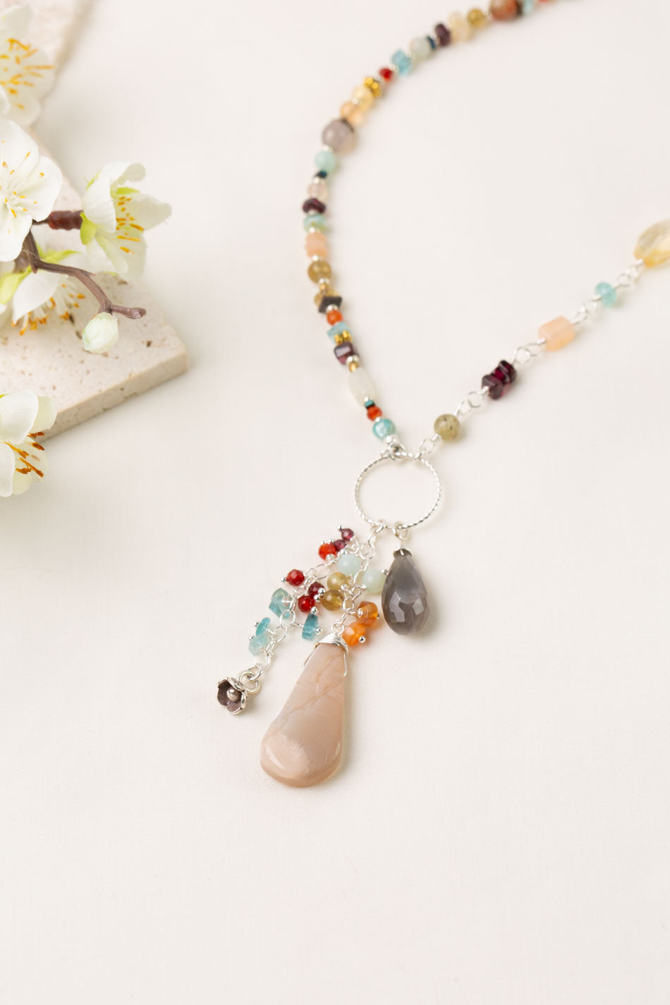 Gentle Breeze 31-33" Peach Moonstone, Carnelian, Apatite Collage Necklace