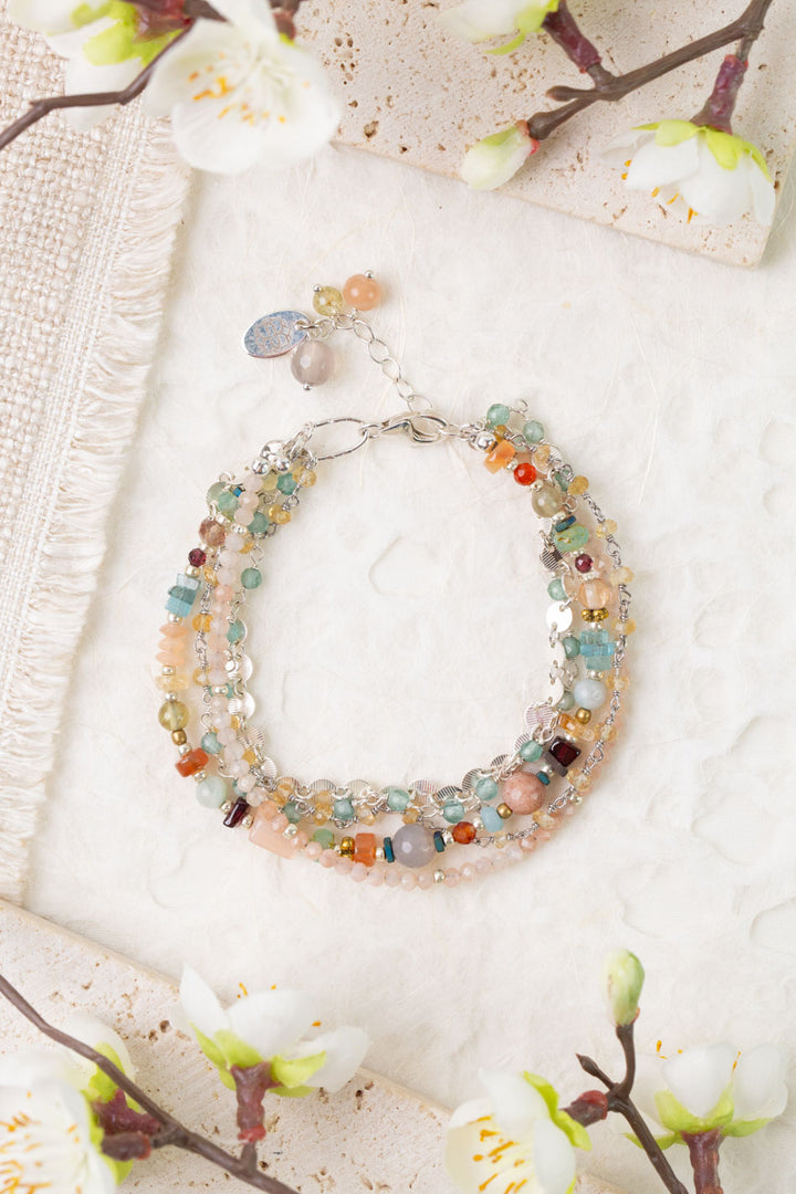 Gentle Breeze Peach Moonstone, Garnet, Carnelian Multistrand Bracelet