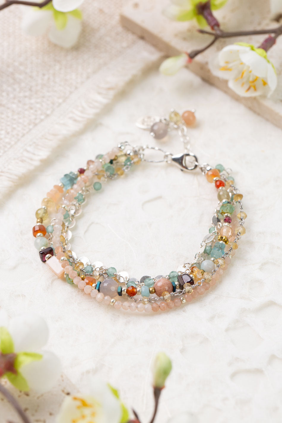 Gentle Breeze Peach Moonstone, Garnet, Carnelian Multistrand Bracelet