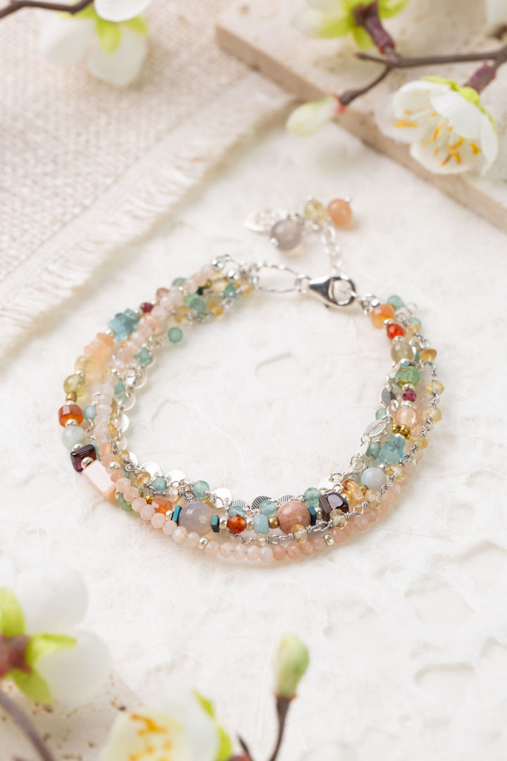 Gentle Breeze Peach Moonstone, Garnet, Carnelian Multistrand Bracelet