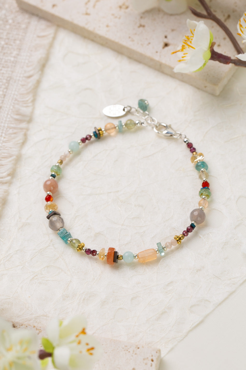Gentle Breeze 7.5-8.5" Moonstone, Garnet, Apatite Simple Bracelet
