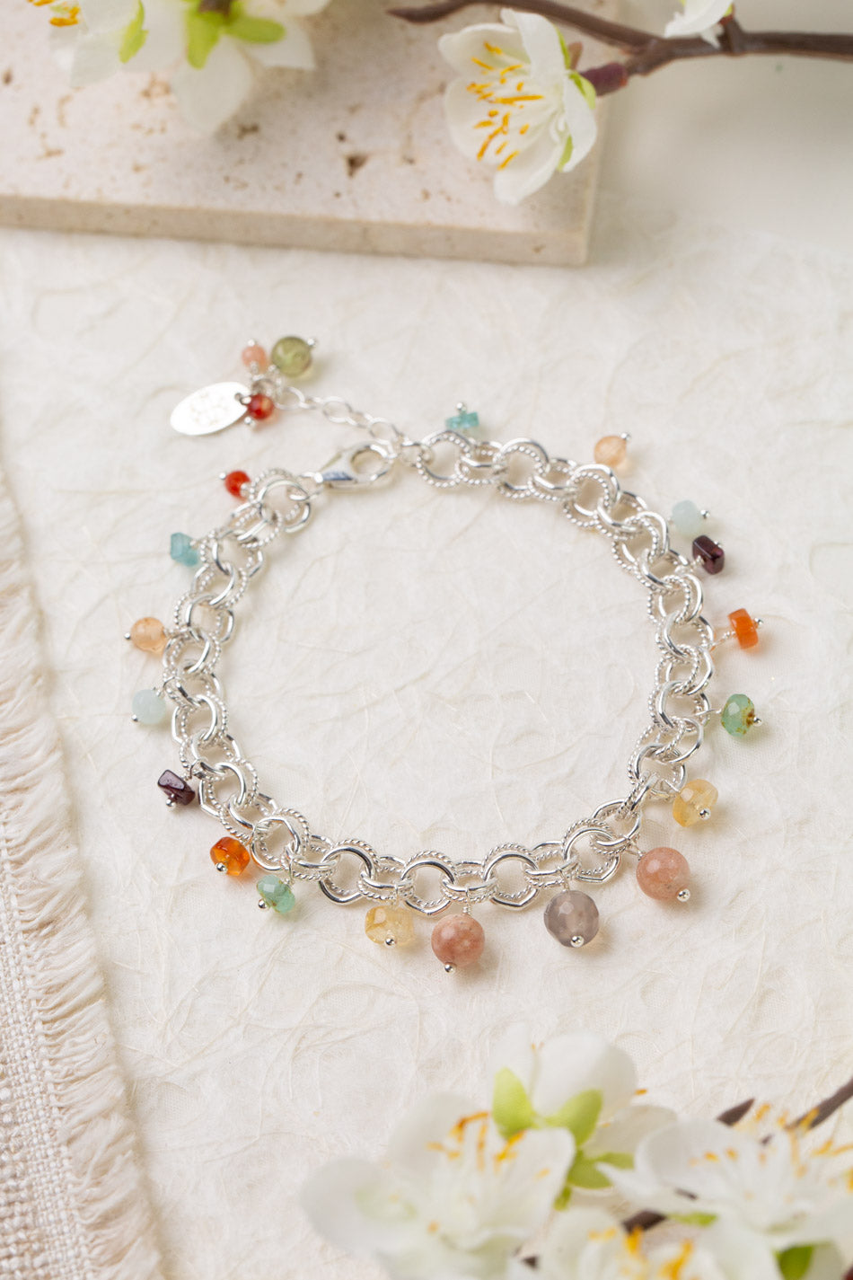 Gentle Breeze 7.5-8.5" Moonstone, Carnelian, Garnet Statement Bracelet