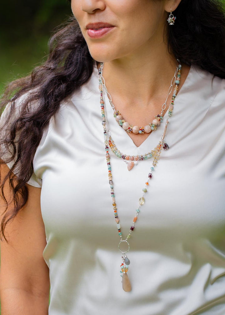 Gentle Breeze 21-23" Peach Moonstone, Carnelian, Apatite Multistrand Necklace