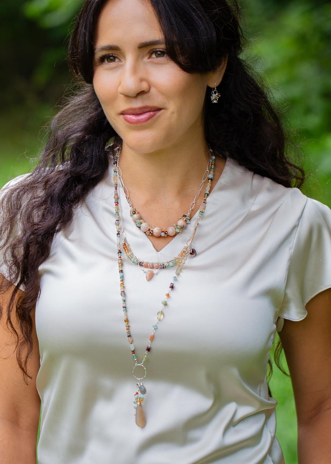 Gentle Breeze 18-20" Peach Moonstone, Carnelian, Apatite Cluster Necklace