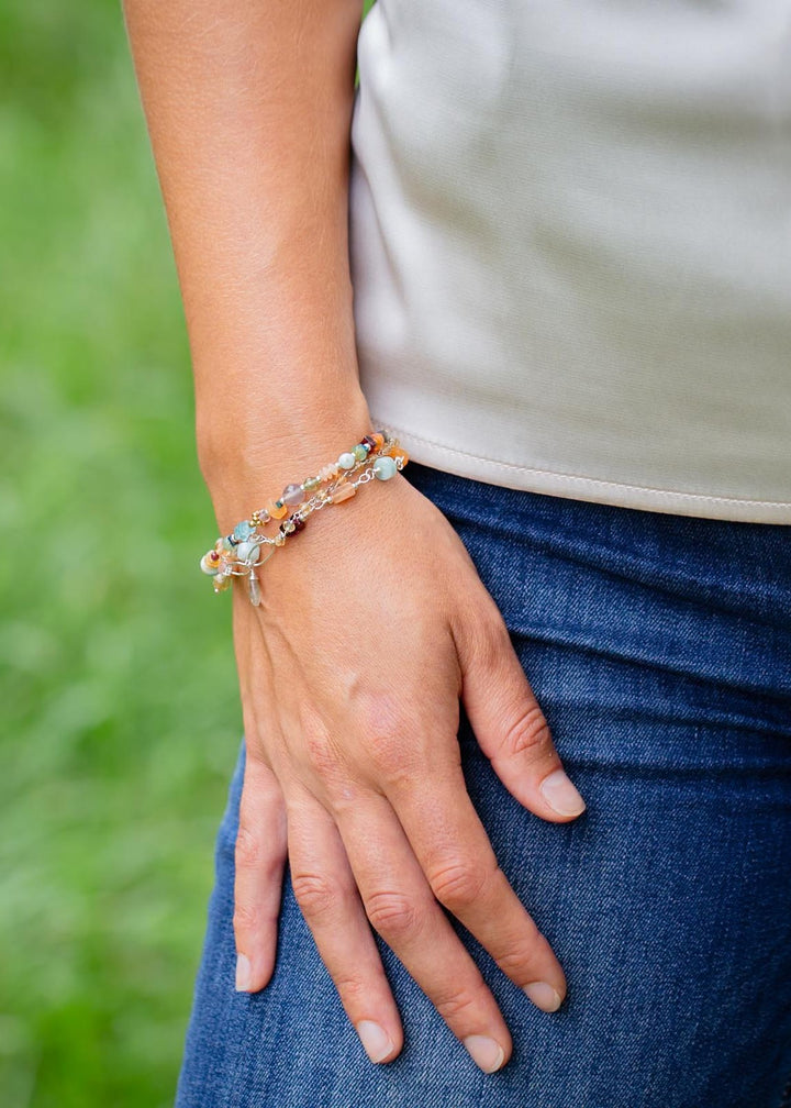 Gentle Breeze 7.5-8.5" Peach Moonstone, Carnelian, Apatite Multistrand Bracelet