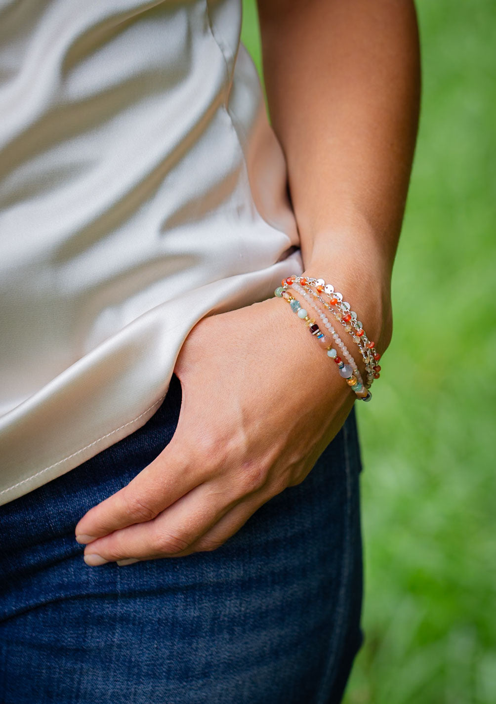 Gentle Breeze 7.5-8.5" Peach Moonstone, Garnet, Carnelian Multistrand Bracelet