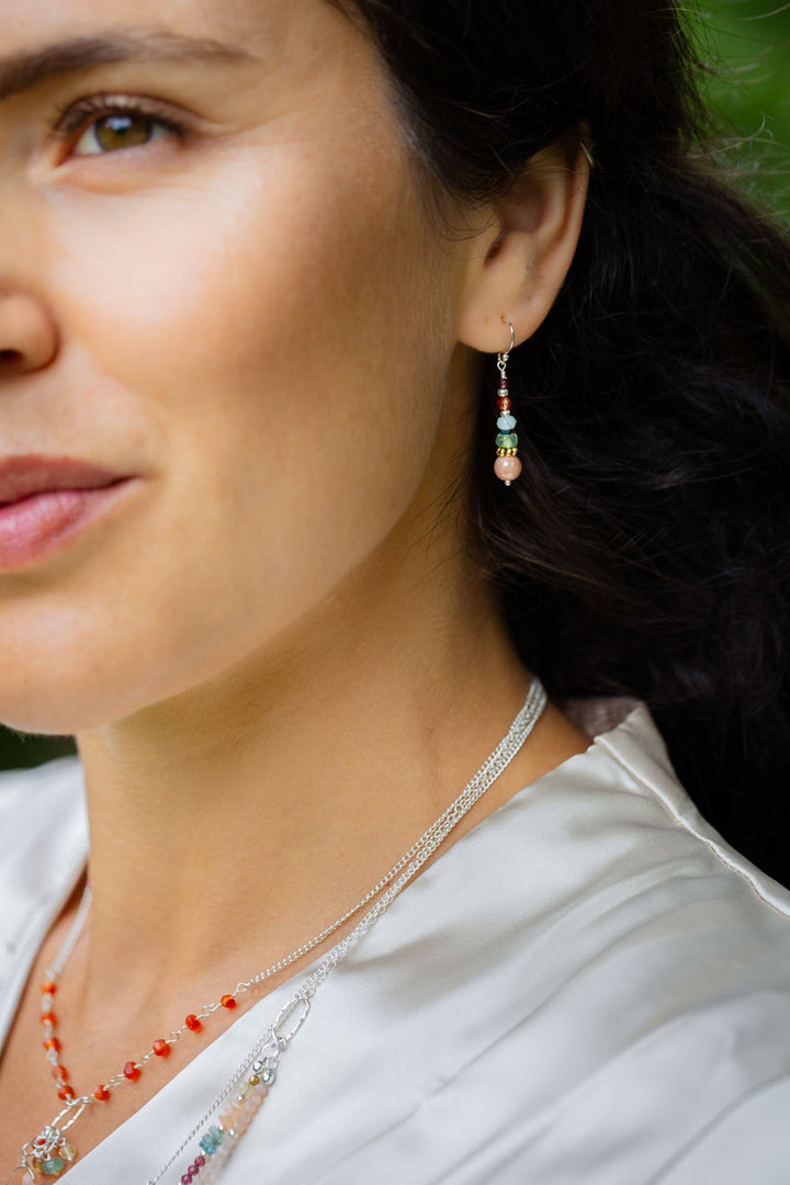 Gentle Breeze Peach Moonstone, Czech Glass, Carnelian Simple Earrings