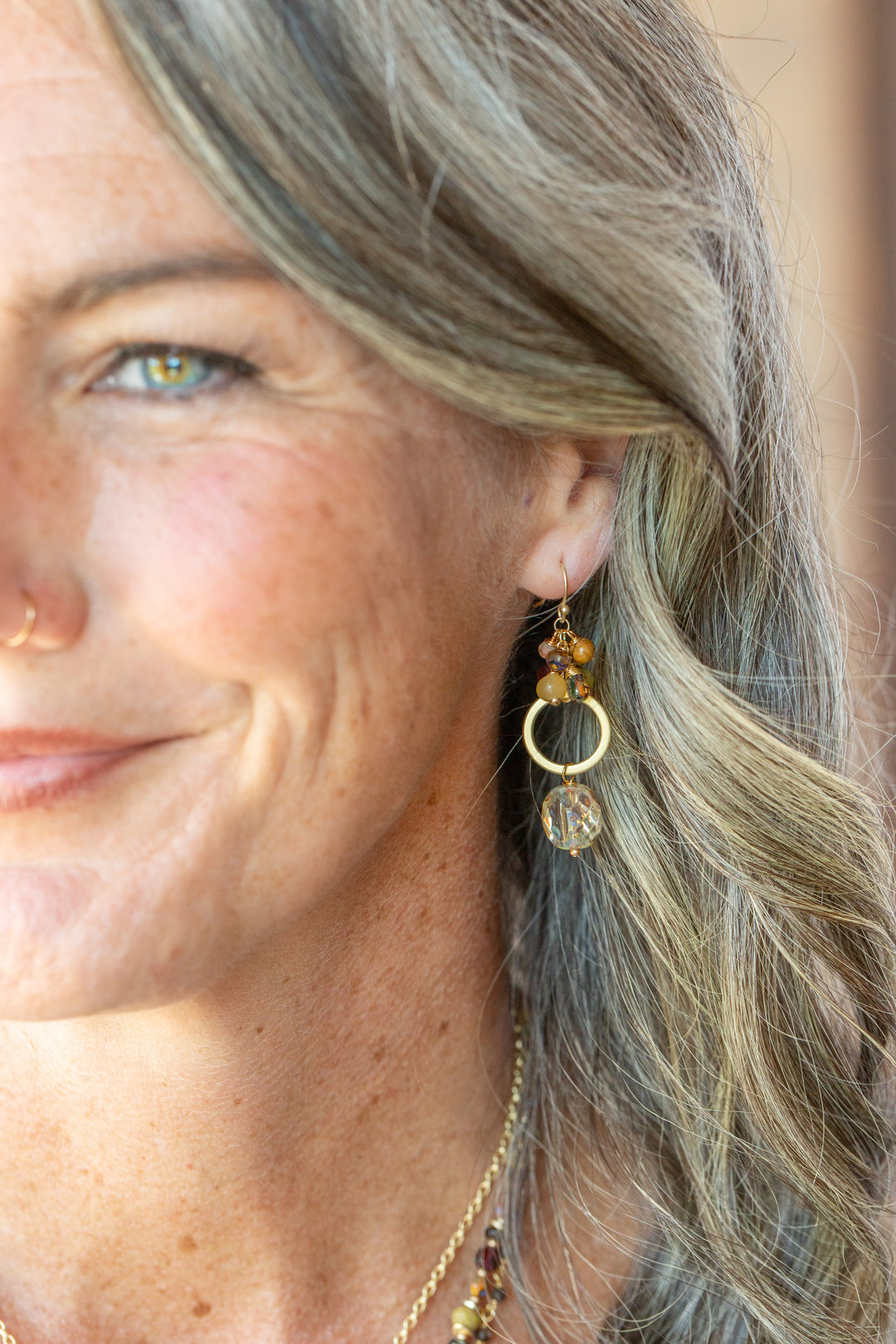 Golden Hour Garnet, Czech Glass, Jasper Cluster Earrings