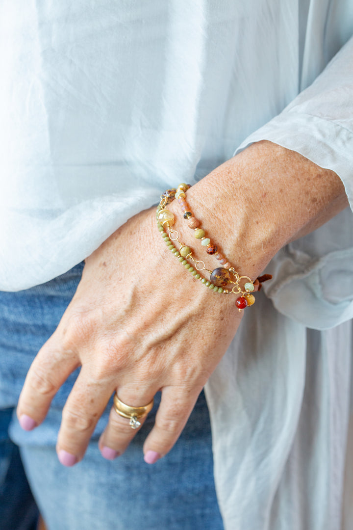 Golden Hour 7.5-8.5" Czech Glass, Yellow Jade, Obsidian Multistrand Bracelet