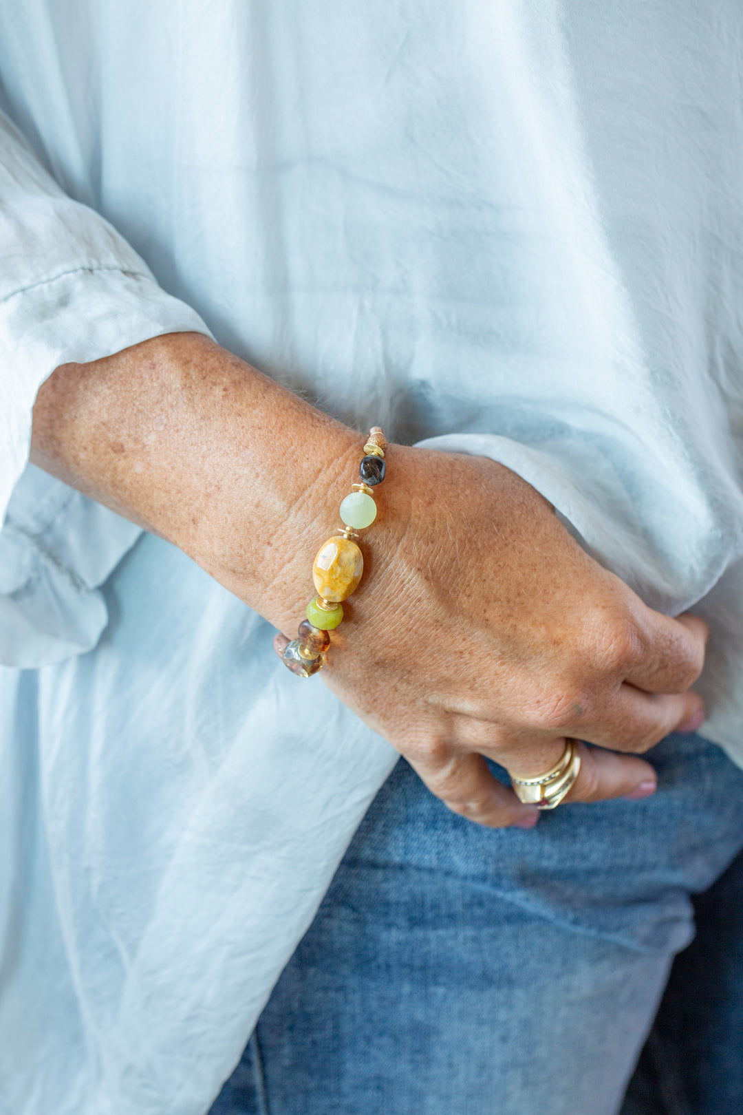 Golden Hour 7.5-8.5" Jade, Rhyolite, Jasper Simple Bracelet