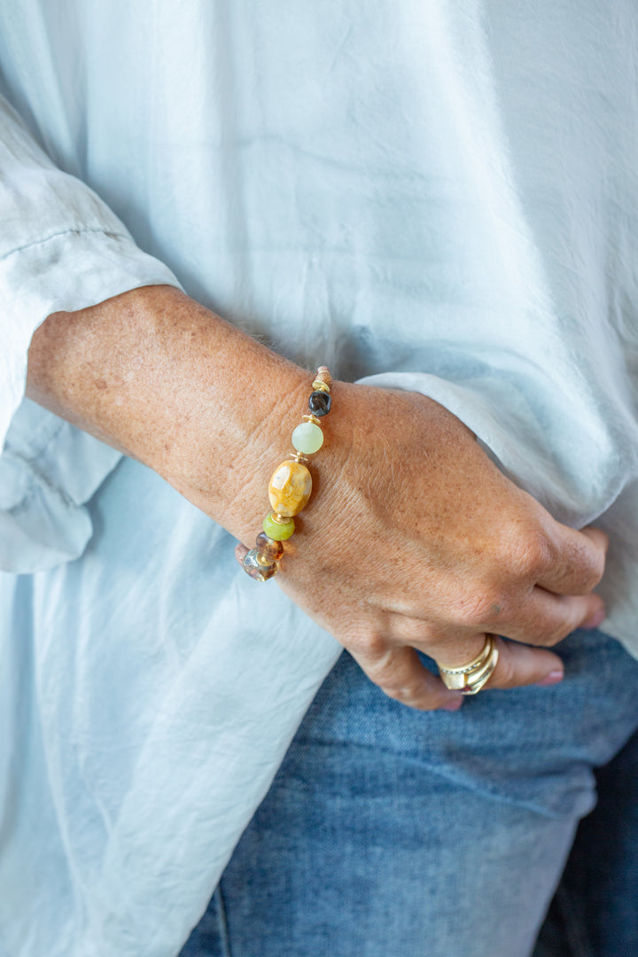 Golden Hour 7.5-8.5" Jade, Rhyolite, Jasper Simple Bracelet