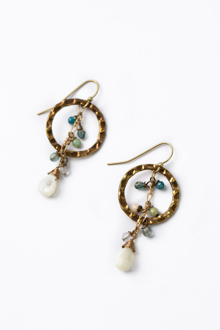 Heron Czech Glass Neon Apatite, Bone With Mother Of Pearl Cluster Earrings